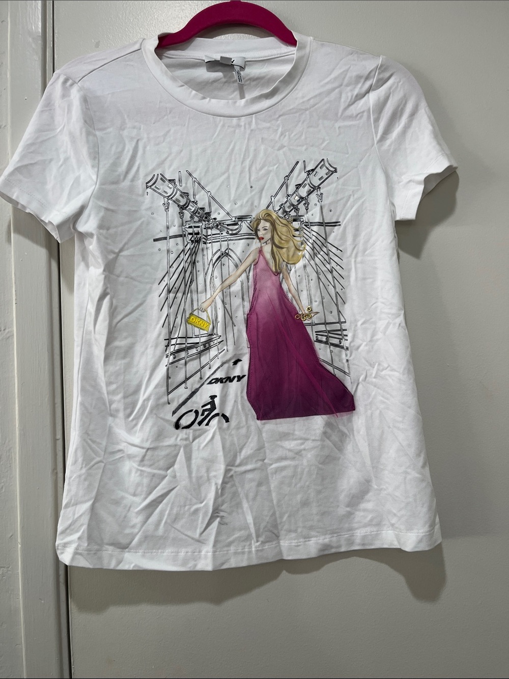 DKNY White Tee with Magenta Dress Illustration